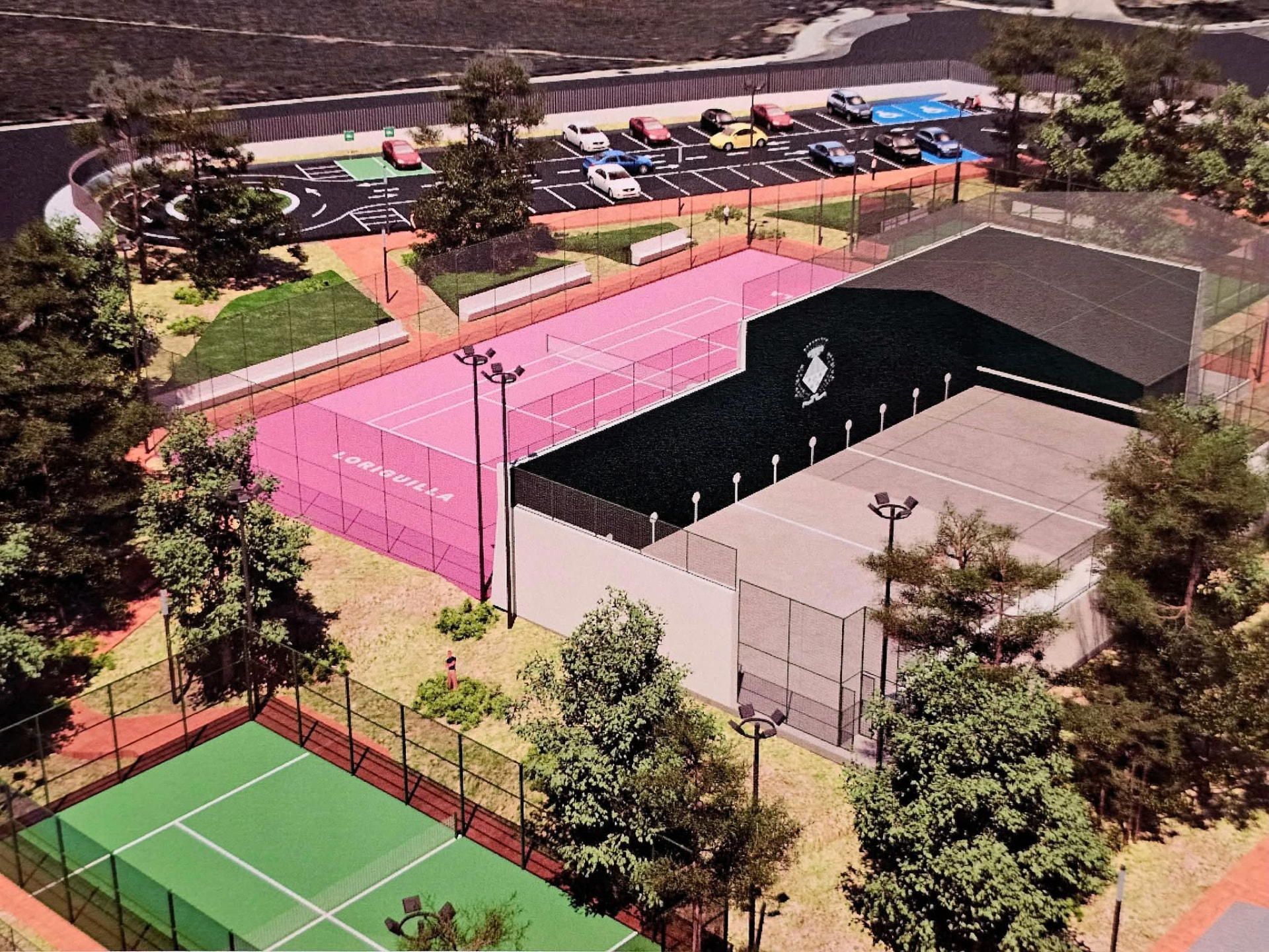 Imagen de proyecto del polideportivo municipal con pistas deportivas y zona de aparcamiento.