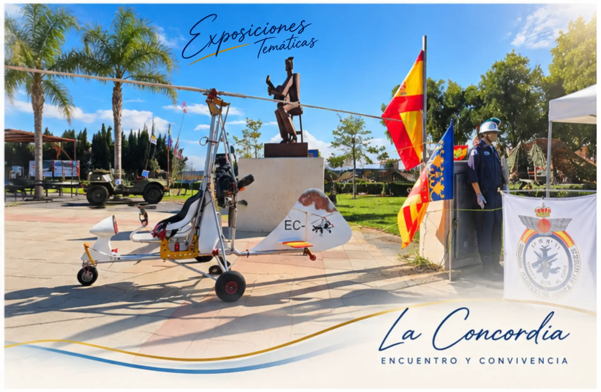 Exposiciones temáticas en la Plaza de la Concordia, con un ultraligero junto a la escultura.