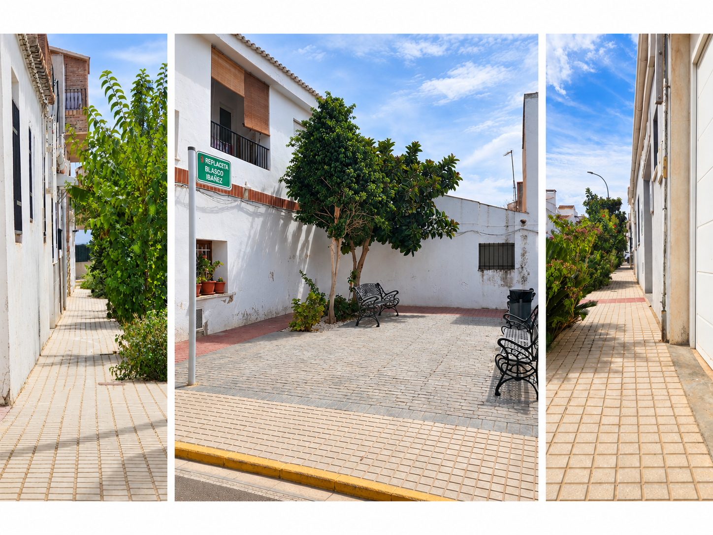 Aceras renovadas y espacio de la Placeta de Blasco Ibáñez tras el acondicionamiento.