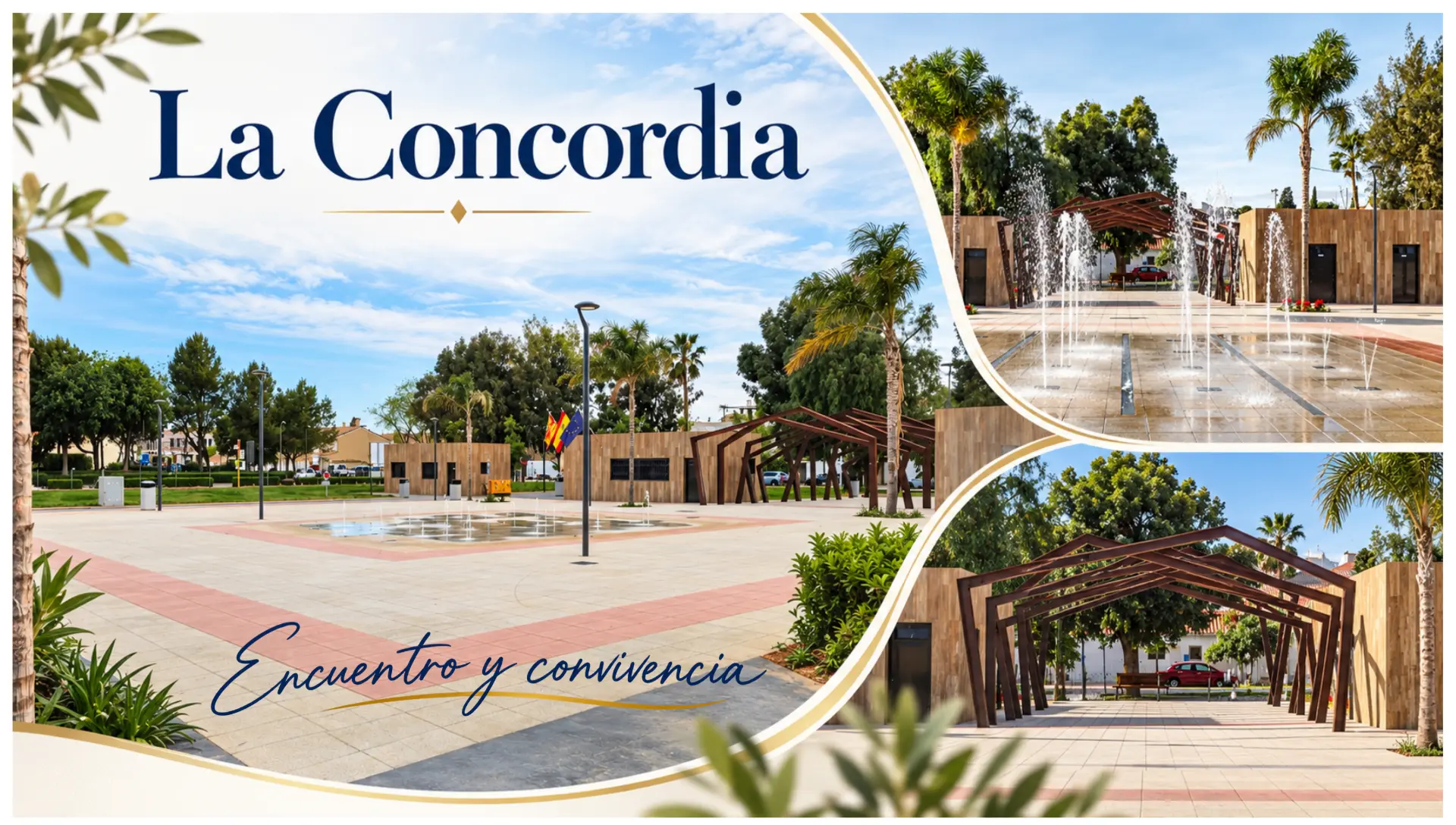 Plaza de la Concordia: vista general, la fuente en funcionamiento y la pérgola.