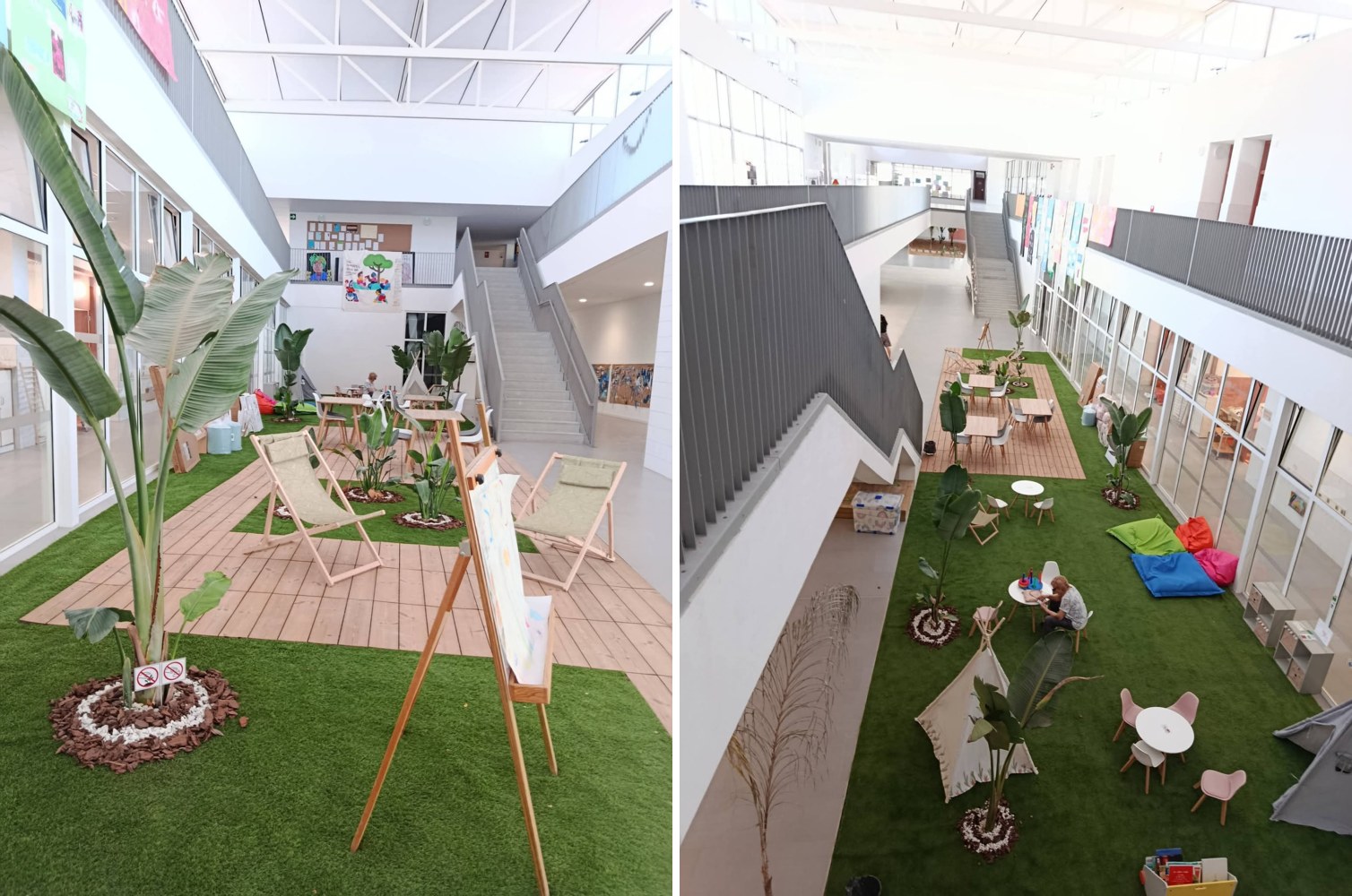 Espacios interiores del centro educativo con césped, plantas y mobiliario de estancia.