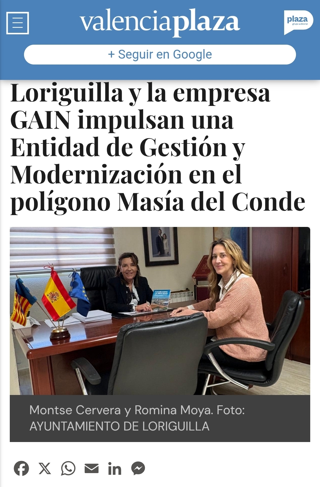 Noticia de Valencia Plaza sobre el impulso de la Entidad de Gestión y Modernización del Parque Empresarial de Loriguilla junto a la empresa GAIN.