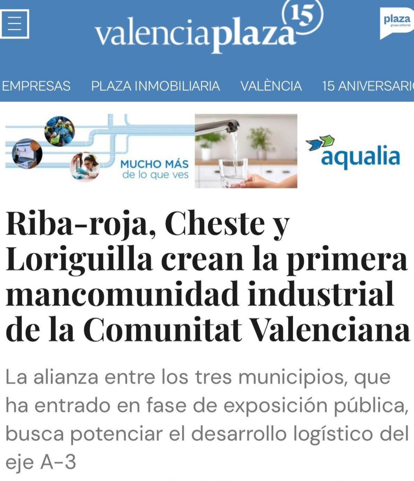 Noticia de Valencia Plaza sobre la creación de la primera mancomunidad industrial de Riba-roja, Cheste y Loriguilla.