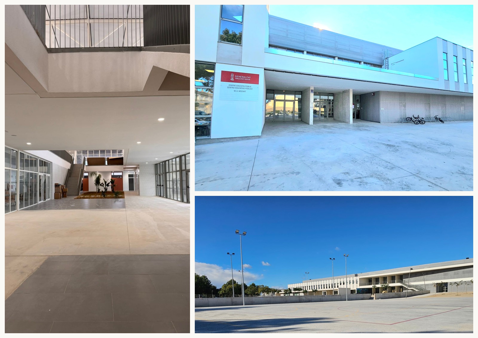 Acceso principal, vestíbulo interior y patios del nuevo centro educativo W. A. Mozart.